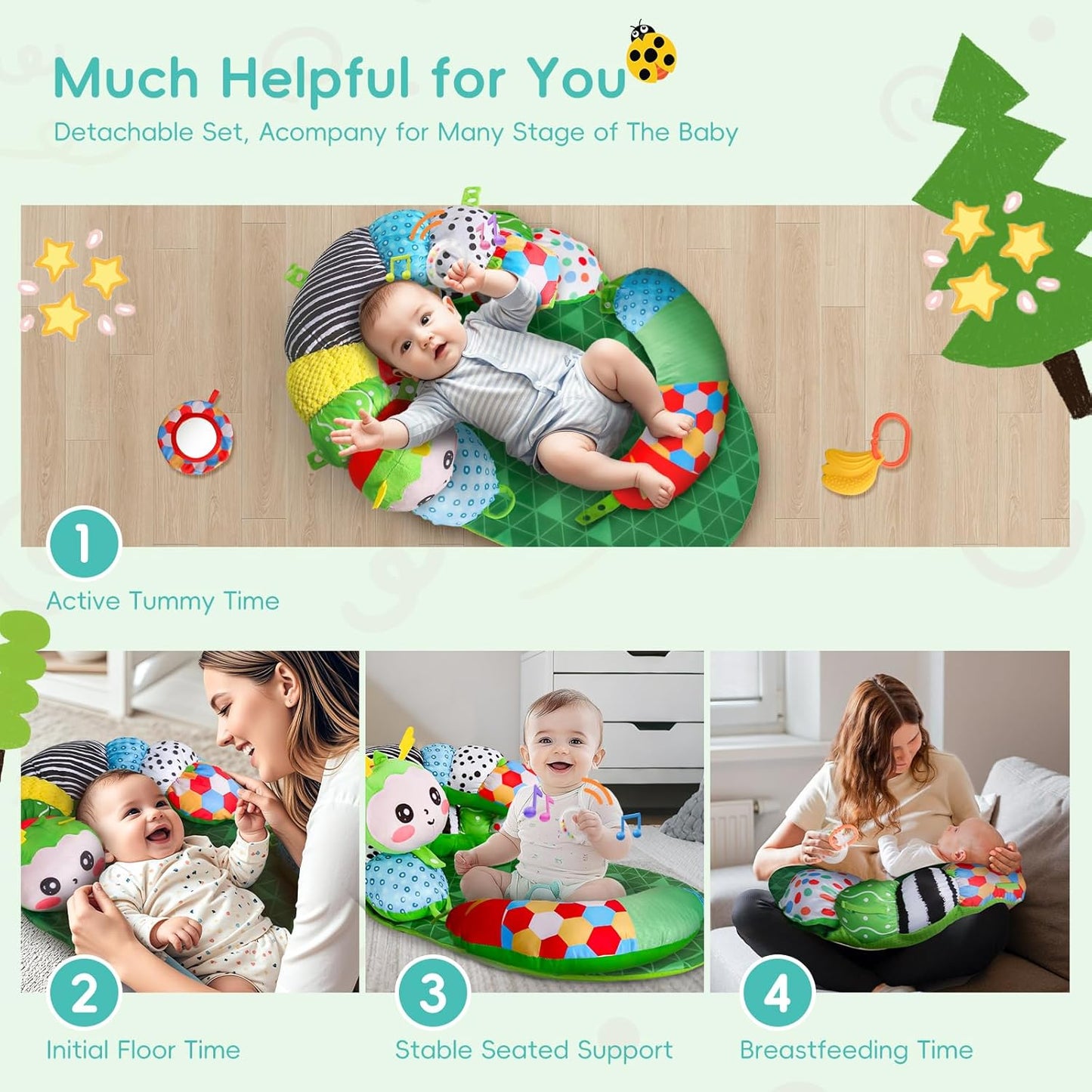 3-in-1 Tummy Time Pillow Playmat for Babies – Detachable Caterpillar Toy”